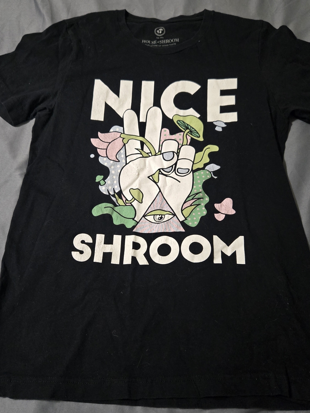 House of Shroom "Nice Shroom" Graphic Tee - Black with Pastel Print Womens Med.